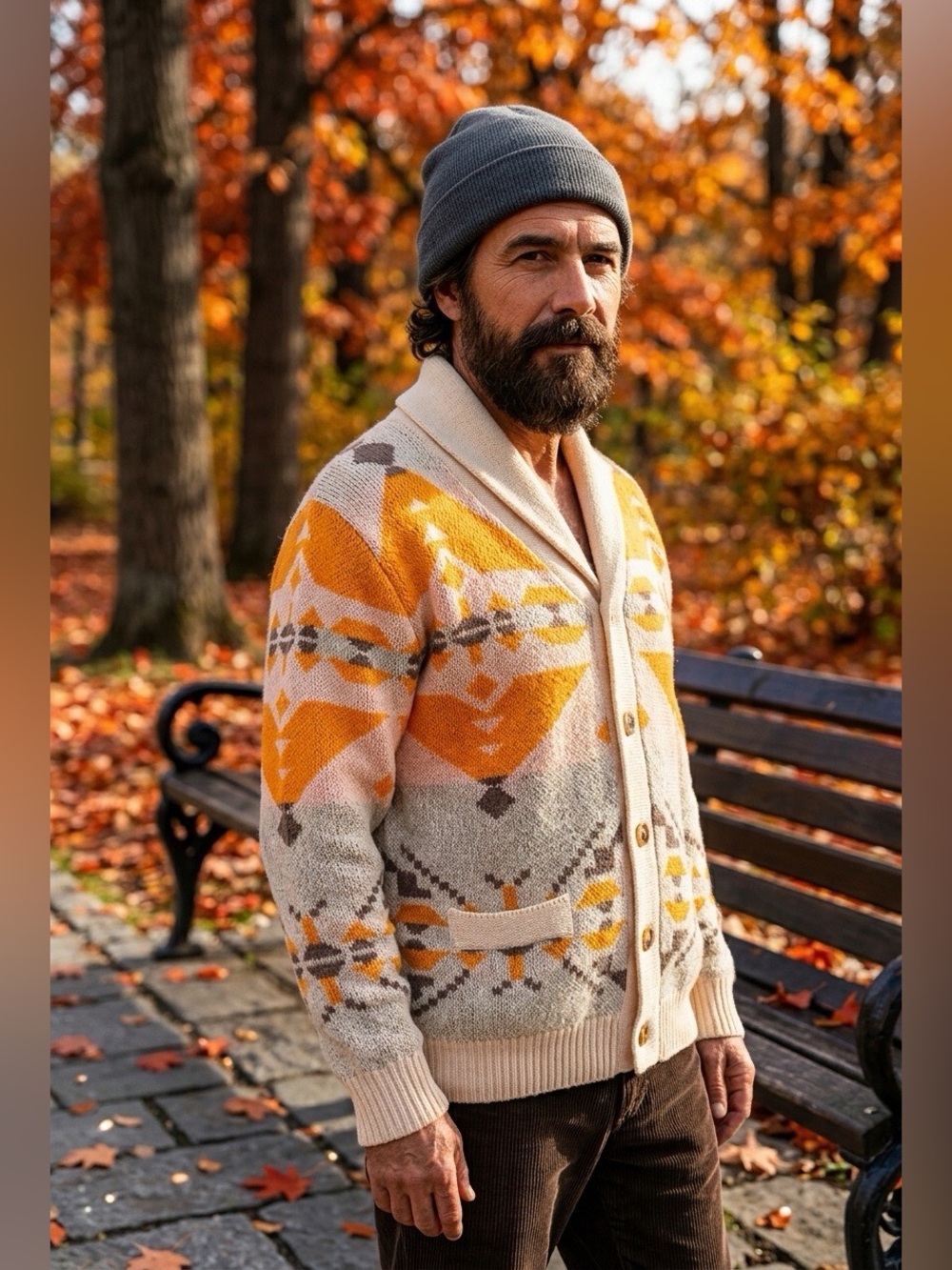 Men's NWOT Shawl Collar Long Sleeve Cardigan Sweater in Orange and Cream M